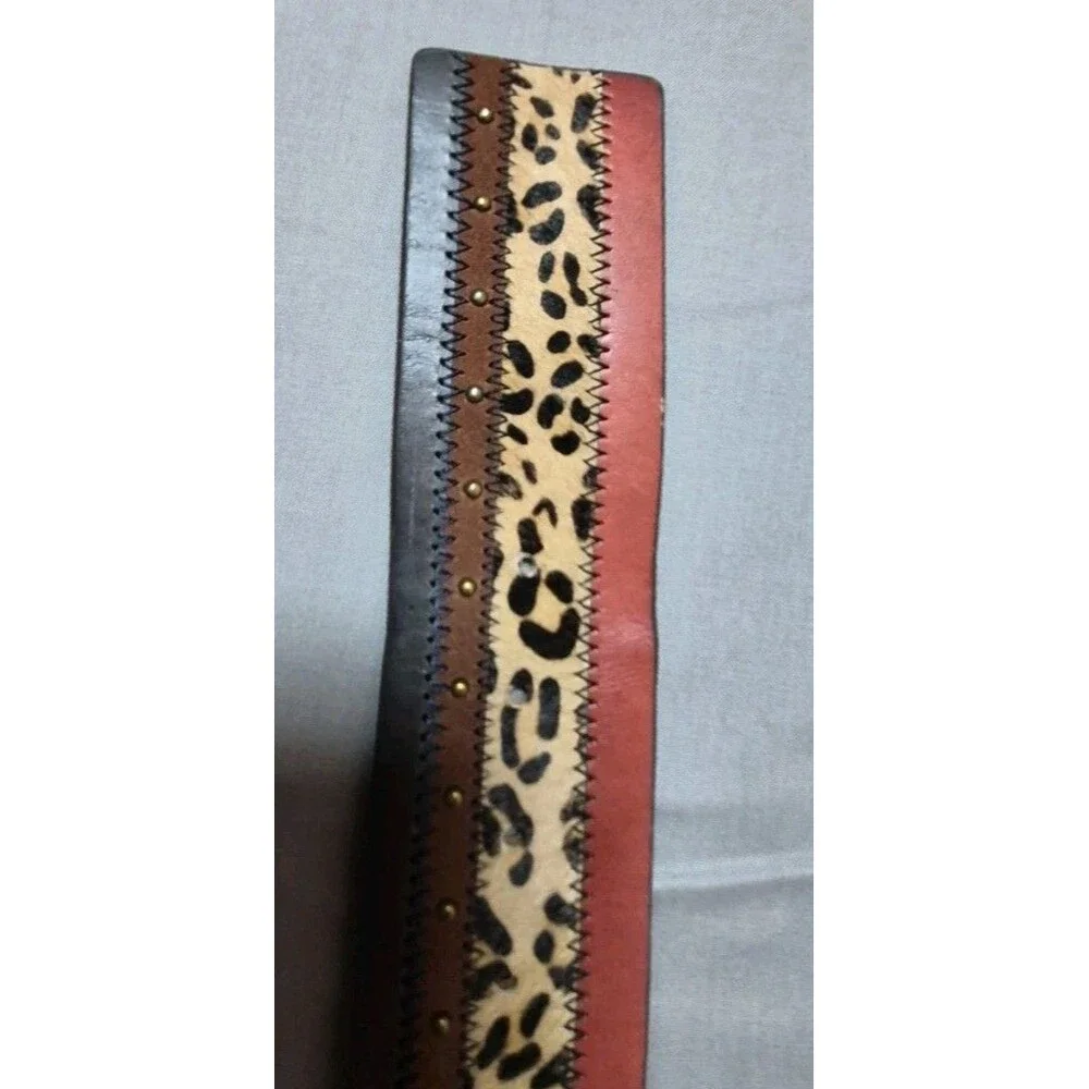 Linea Pelle Leather Mixed Media Panel Waist Belt Womens Size Medium Animal Print